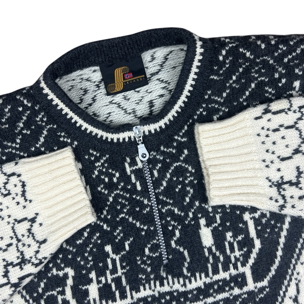 Levandi 100% Wool Nordic Sweater Womens Large Quarter Zip Black Cream Soft Thick